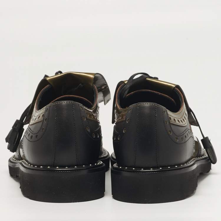 Pre Owned Dolce & Gabbana Size 41 Green/Black Patent and Leather Fringe Brogues