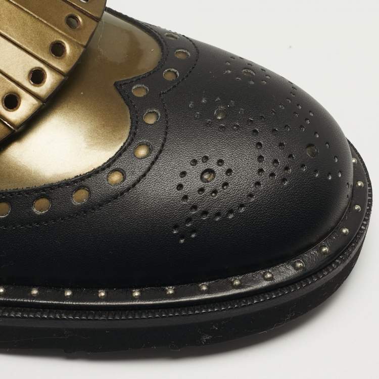 Pre Owned Dolce & Gabbana Size 41 Green/Black Patent and Leather Fringe Brogues