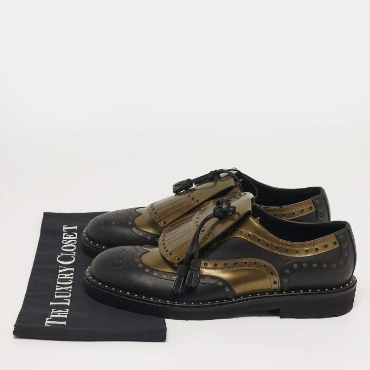 Pre Owned Dolce & Gabbana Size 41 Green/Black Patent and Leather Fringe Brogues