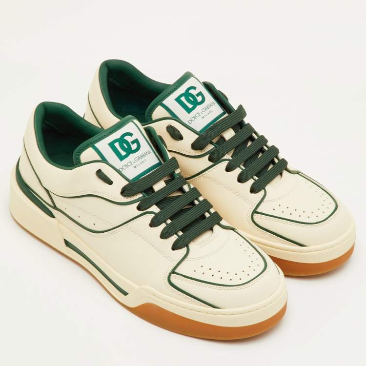 Pre Owned Dolce & Gabbana Roma Size 41.5 Cream/Green Leather Low Top Sneakers