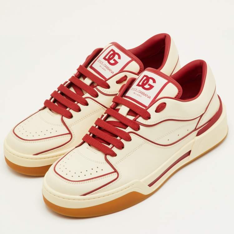 Pre Owned Dolce & Gabbana Roma Size 41.5 Cream/Red Leather Low Top Sneakers