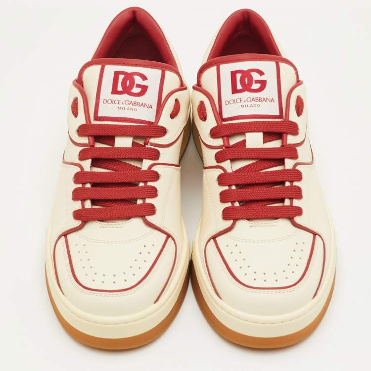 Pre Owned Dolce & Gabbana Roma Size 41.5 Cream/Red Leather Low Top Sneakers