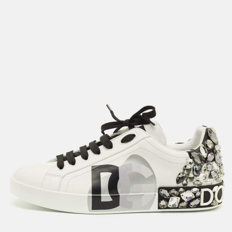 Pre Owned Dolce & Gabbana Portofino Size 44 White/Black Leather Crystal Embellished Lace Up Sneakers