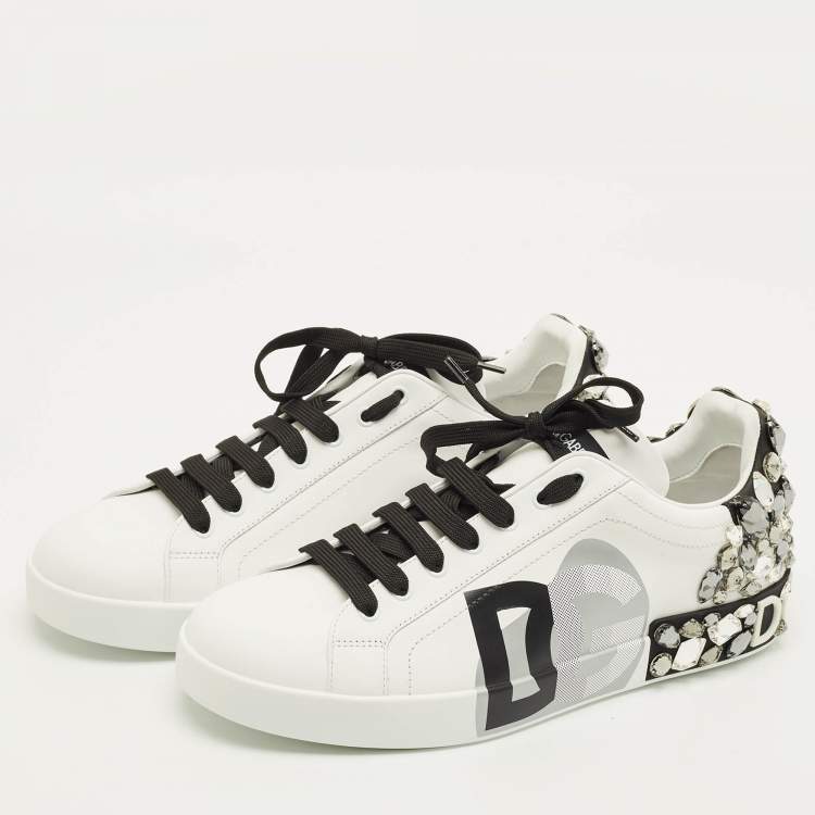 Pre Owned Dolce & Gabbana Portofino Size 44 White/Black Leather Crystal Embellished Lace Up Sneakers