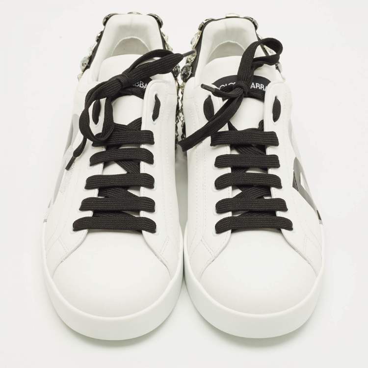 Pre Owned Dolce & Gabbana Portofino Size 44 White/Black Leather Crystal Embellished Lace Up Sneakers