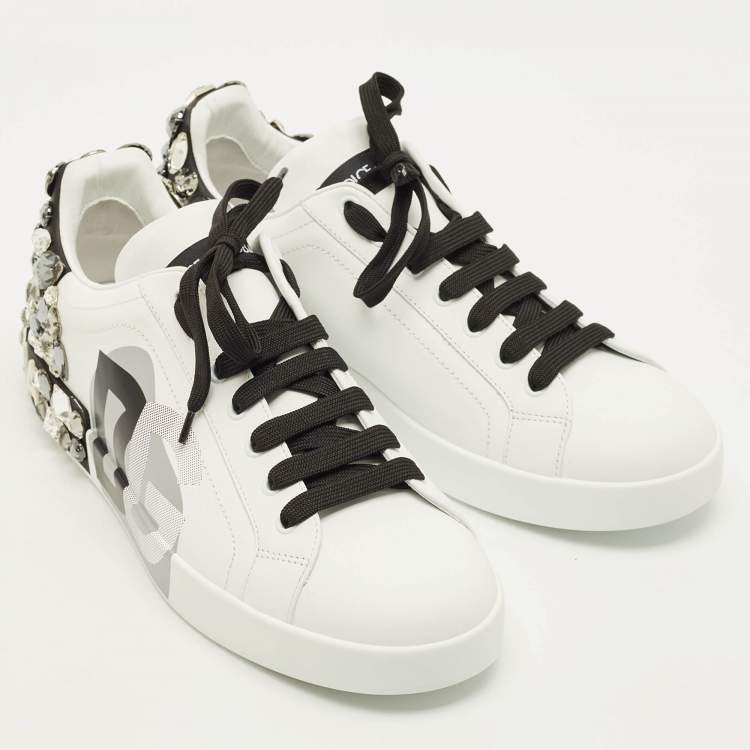 Pre Owned Dolce & Gabbana Portofino Size 44 White/Black Leather Crystal Embellished Lace Up Sneakers