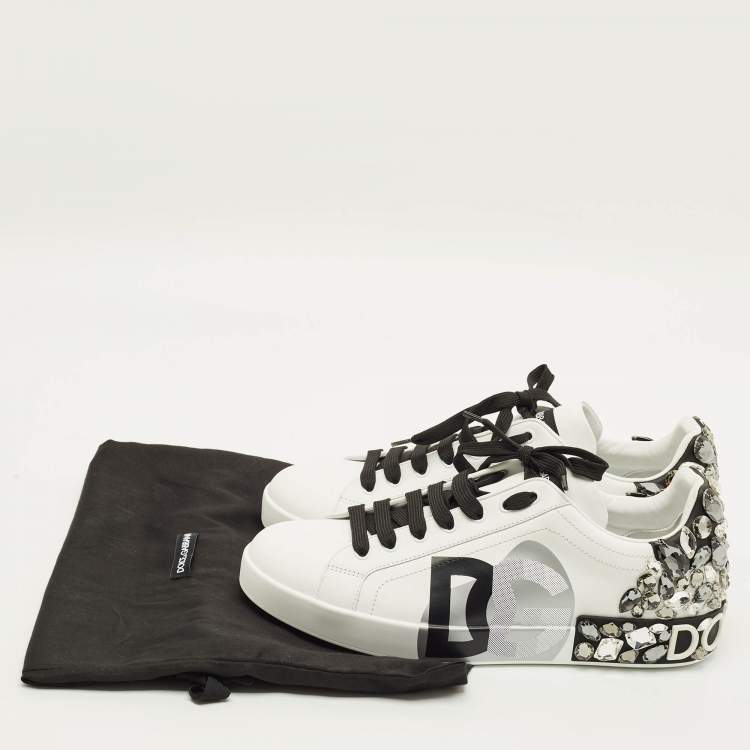 Pre Owned Dolce & Gabbana Portofino Size 44 White/Black Leather Crystal Embellished Lace Up Sneakers