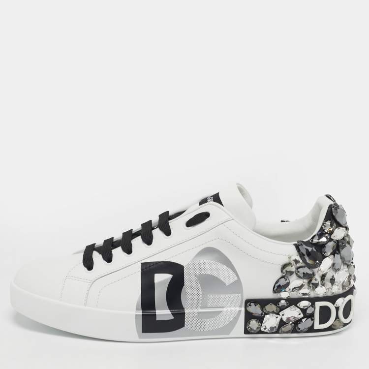 Pre Owned Dolce & Gabbana Portofino Size 43 White/Black Leather Crystal Embellished Lace Up Sneakers