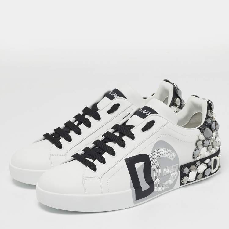 Pre Owned Dolce & Gabbana Portofino Size 43 White/Black Leather Crystal Embellished Lace Up Sneakers