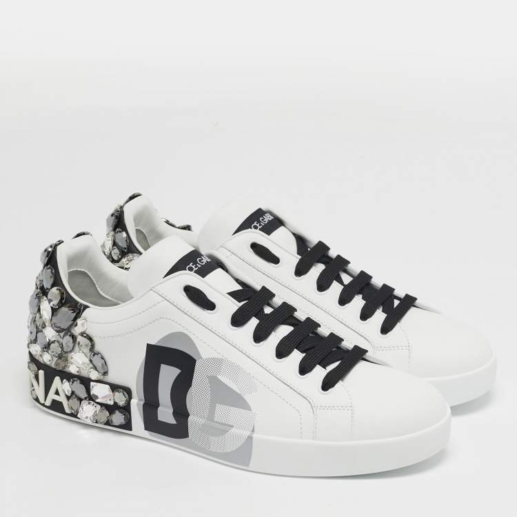 Pre Owned Dolce & Gabbana Portofino Size 43 White/Black Leather Crystal Embellished Lace Up Sneakers