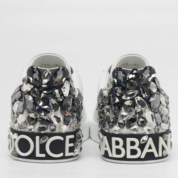 Pre Owned Dolce & Gabbana Portofino Size 43 White/Black Leather Crystal Embellished Lace Up Sneakers