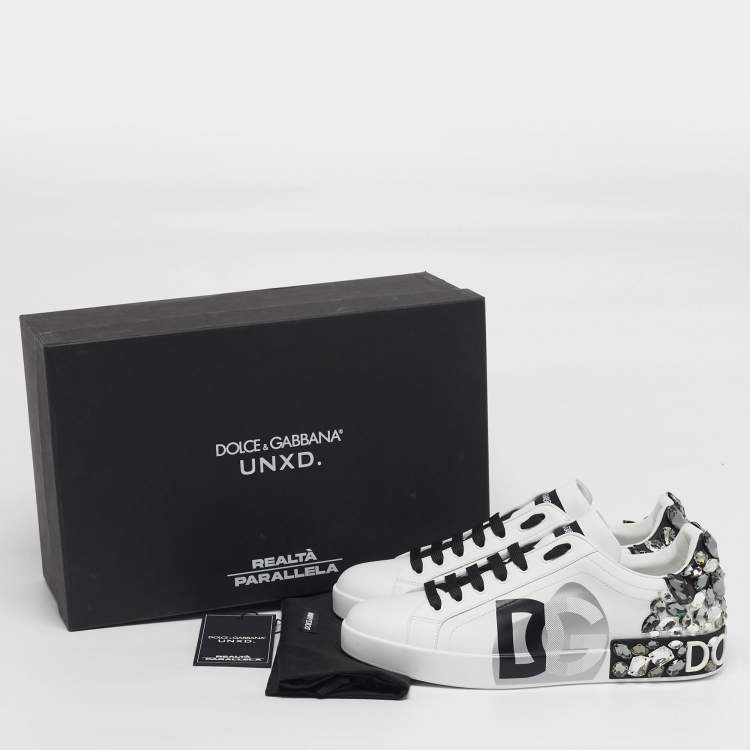 Pre Owned Dolce & Gabbana Portofino Size 43 White/Black Leather Crystal Embellished Lace Up Sneakers