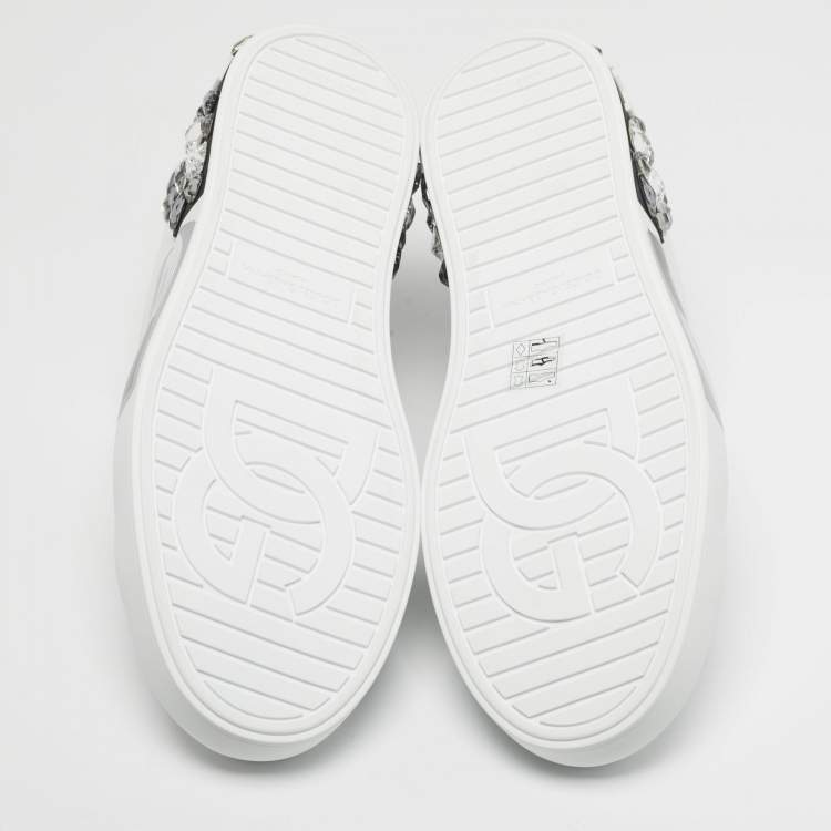 Pre Owned Dolce & Gabbana Portofino Size 43 White/Black Leather Crystal Embellished Lace Up Sneakers