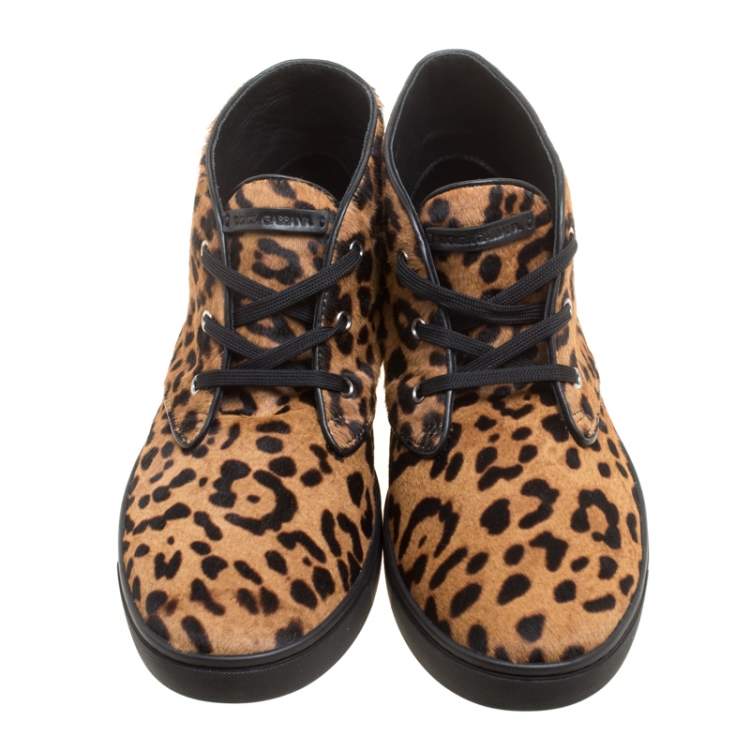 Pre Owned Dolce & Gabbana Brown Leopard Print Calf Hair High Top Sneakers Size 41.5