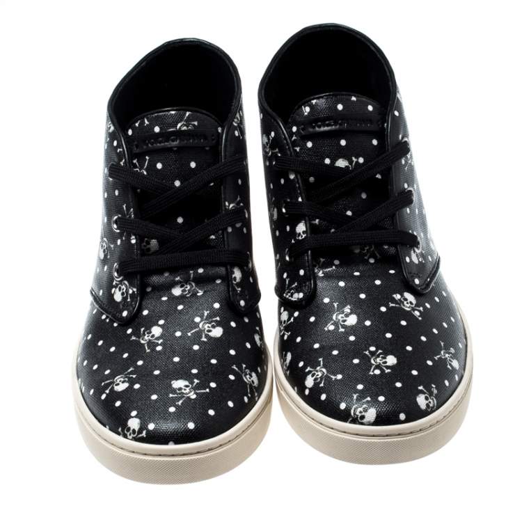 Pre Owned Dolce & Gabbana Black Skull and Cross Bone Print Canvas High Top Sneakers Size 43.5