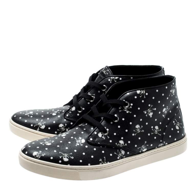 Pre Owned Dolce & Gabbana Black Skull and Cross Bone Print Canvas High Top Sneakers Size 43.5