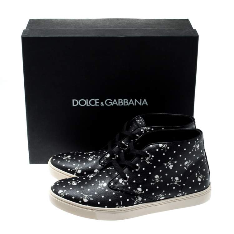 Pre Owned Dolce & Gabbana Black Skull and Cross Bone Print Canvas High Top Sneakers Size 43.5