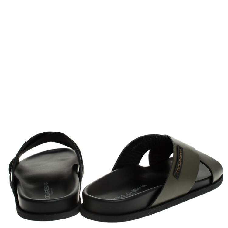 Pre Owned Dolce & Gabbana Olive Green Leather Cross Strap Sandals Size 44