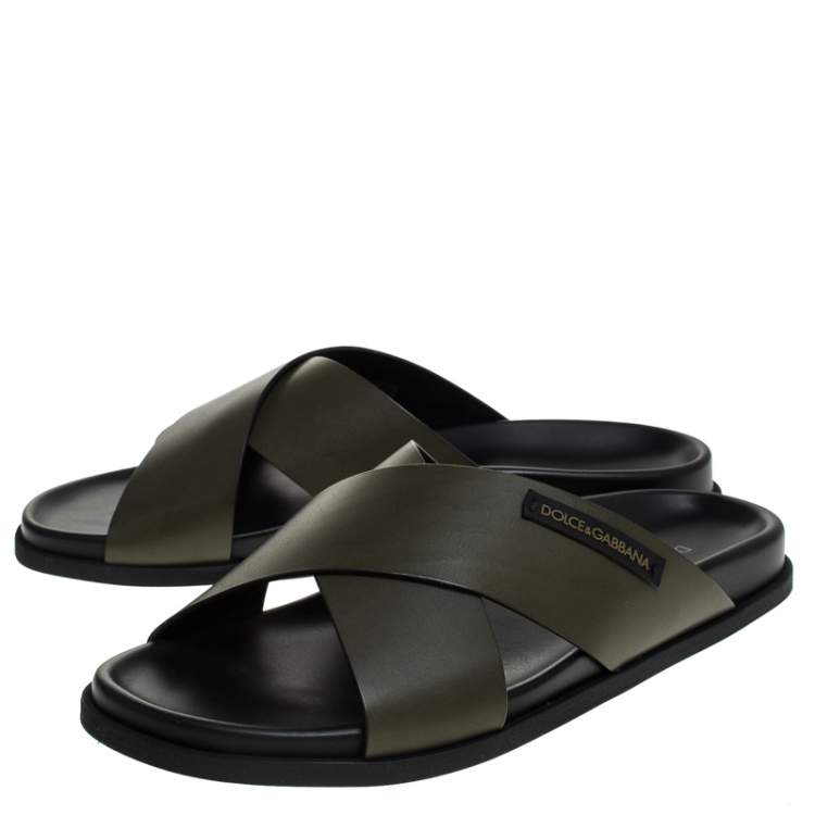 Pre Owned Dolce & Gabbana Olive Green Leather Cross Strap Sandals Size 44