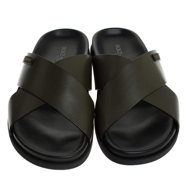 Pre Owned Dolce & Gabbana Olive Green Leather Cross Strap Sandals Size 42