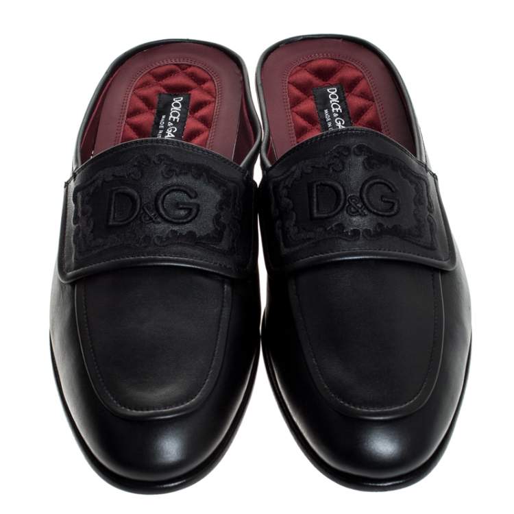 Pre Owned Dolce and Gabban Black Leather Embroidered Logo Slip On Mules Size 41