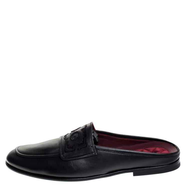 Pre Owned Dolce & Gabbana Black Leather Embroidered Logo Slip On Mules Size 40