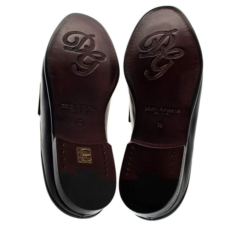Pre Owned Dolce & Gabbana Black Leather Embroidered Logo Slip On Mules Size 44