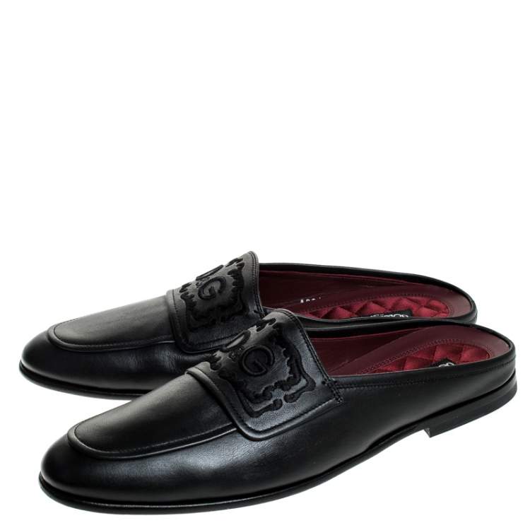 Pre Owned Dolce & Gabbana Black Leather Embroidered Logo Slip On Mules Size 44