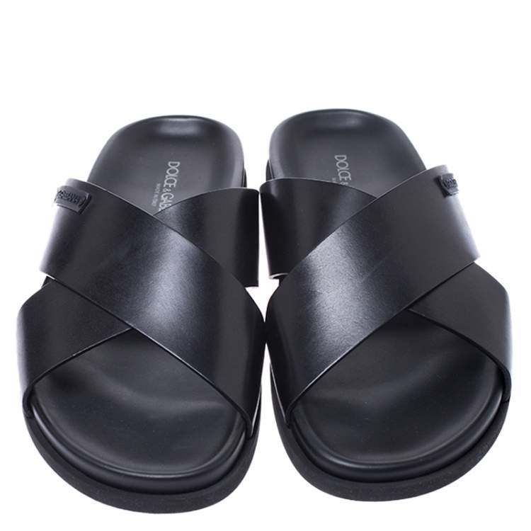 Pre Owned Dolce & Gabbana Black Leather Cross Strap Flat Sandals Size 39