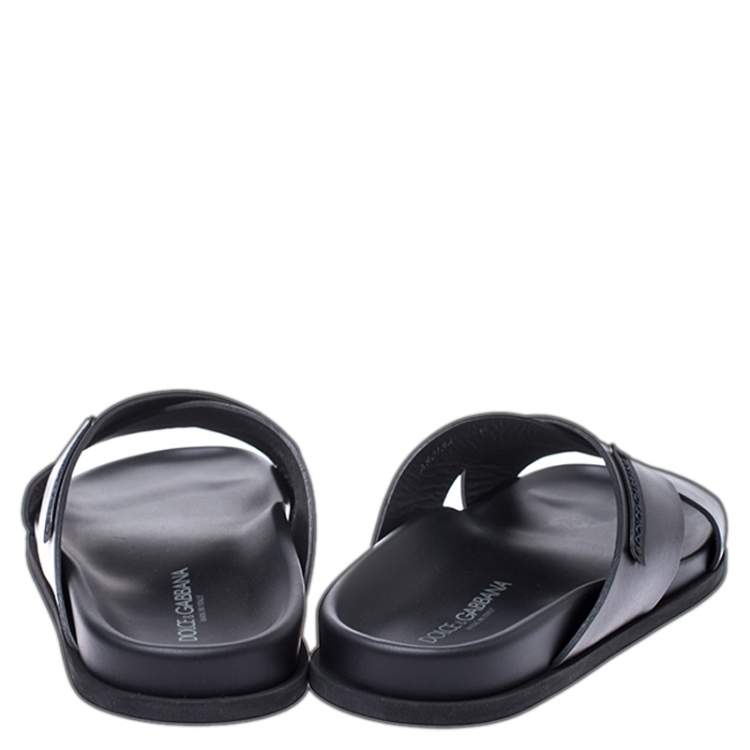 Pre Owned Dolce & Gabbana Black Leather Cross Strap Flat Sandals Size 39
