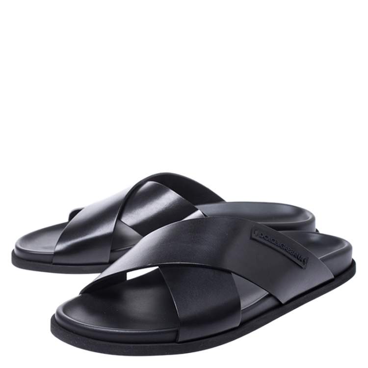 Pre Owned Dolce & Gabbana Black Leather Cross Strap Flat Sandals Size 39