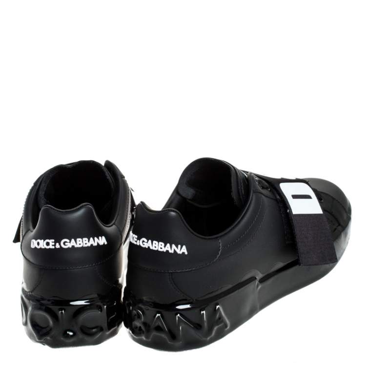 مملوكة مسبقًا Dolce & Gabbana Black Elastic Logo Leather Melt Portofino Sneakers Size 42.5