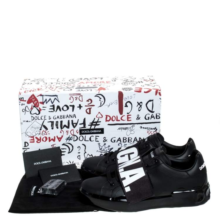 مملوكة مسبقًا Dolce & Gabbana Black Elastic Logo Leather Melt Portofino Sneakers Size 42.5
