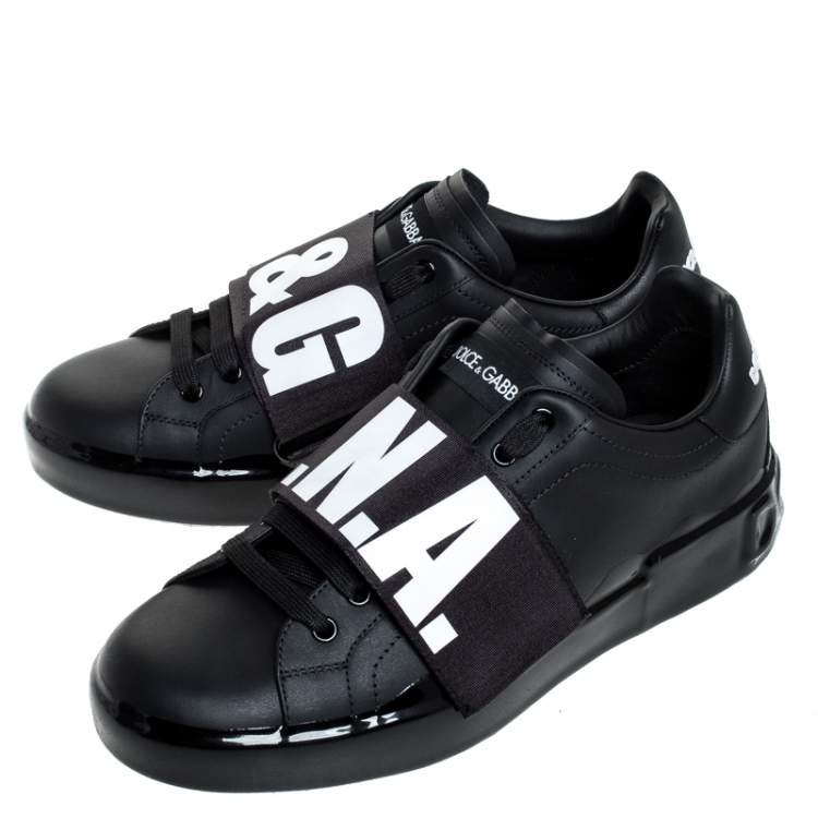 مملوكة مسبقًا Dolce & Gabbana Black Elastic Logo Leather Melt Portofino Sneakers Size 42.5