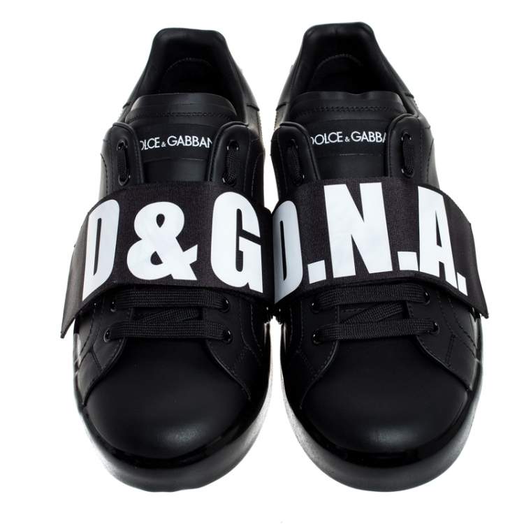 مملوكة مسبقًا Dolce & Gabbana Black Elastic Logo Leather Melt Portofino Sneakers Size 40