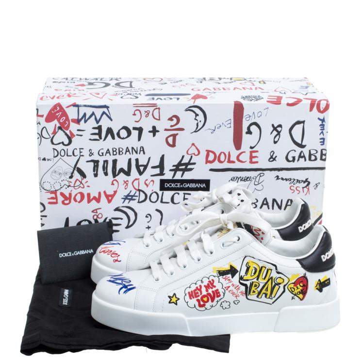 Pre Owned Dolce & Gabbana White Leather Dubai Graffiti Print Low-Top Sneakers Size 39