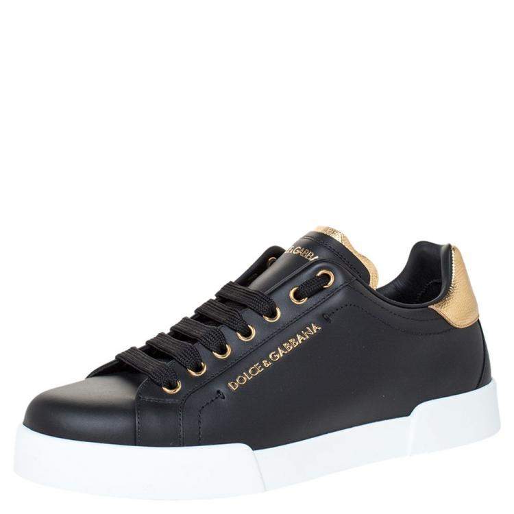 Pre Owned Dolce & Gabbana Black/Gold Leather Lace Up Sneakers Size 40