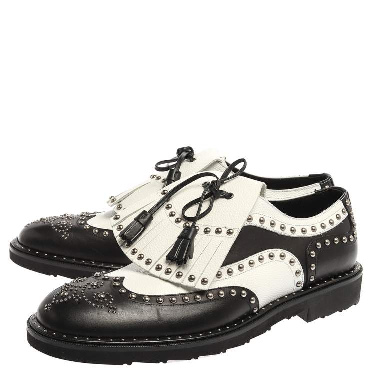 Pre Owned Dolce & Gabbana Black/White Studded Leather Brogue Detail Fringe Oxfords Size 42.5