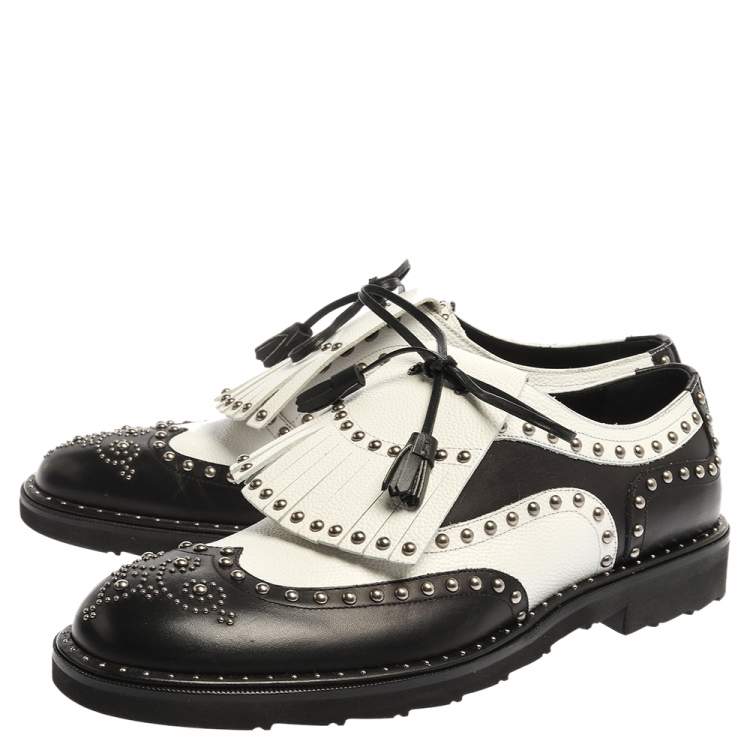 Pre Owned Dolce & Gabbana Black/White Studded Leather Brogue Detail Fringe Oxfords Size 43