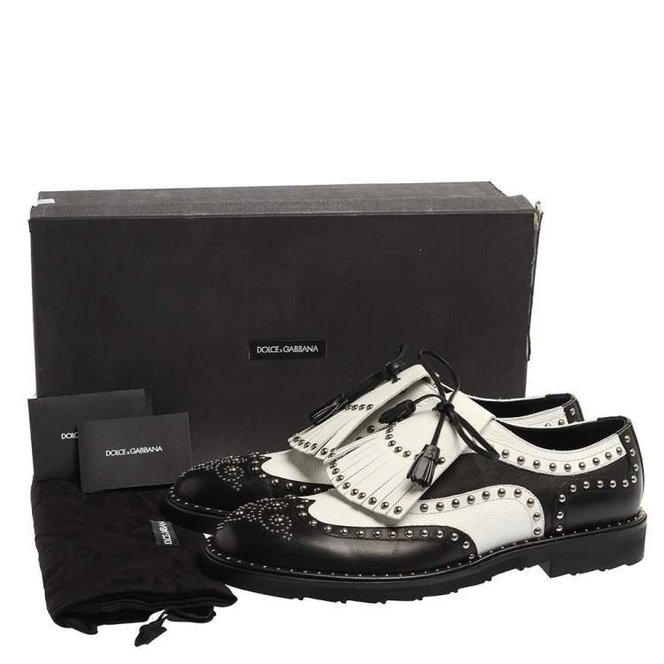 Pre Owned Dolce & Gabbana Black/White Studded Leather Brogue Detail Fringe Oxfords Size 43