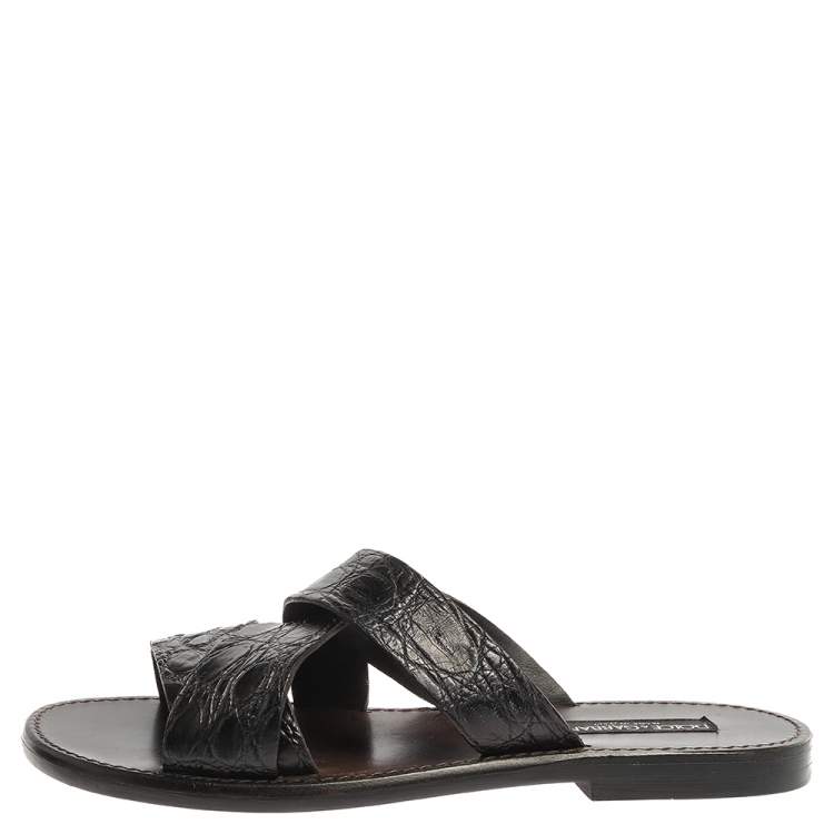 مملوكة مسبقًا Dolce & Gabbana Black Croc Leather Criss Cross Flat Slide Sandals Size 42