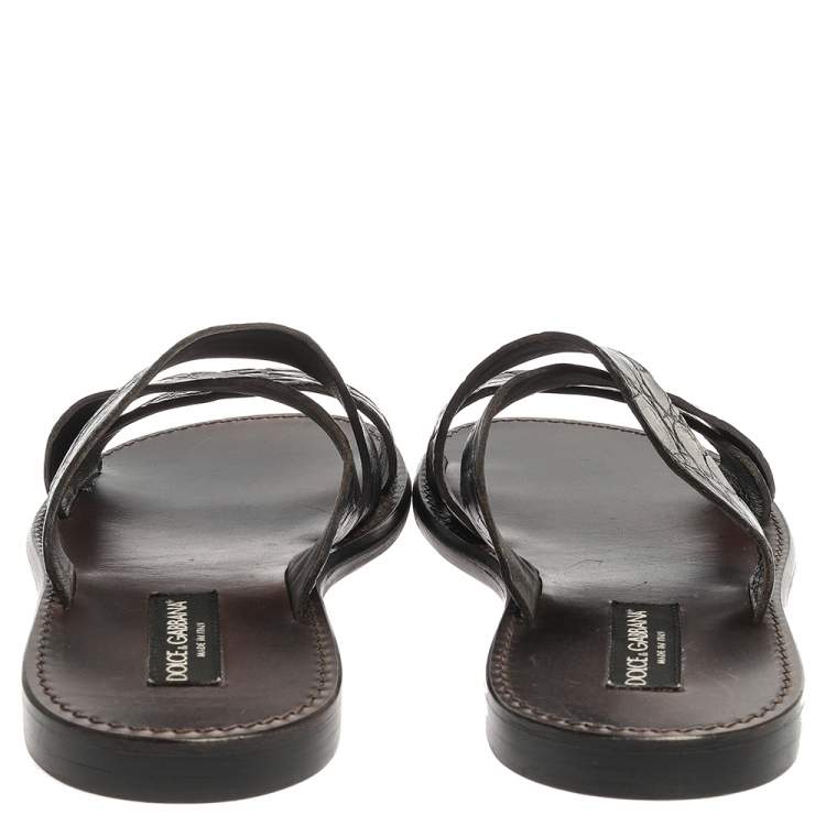 مملوكة مسبقًا Dolce & Gabbana Black Croc Leather Criss Cross Flat Slide Sandals Size 42