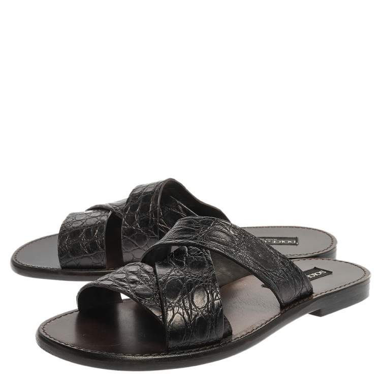 مملوكة مسبقًا Dolce & Gabbana Black Croc Leather Criss Cross Flat Slide Sandals Size 42