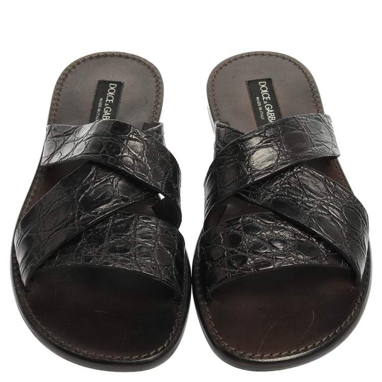 مملوكة مسبقًا Dolce & Gabbana Black Croc Leather Criss Cross Flat Slide Sandals Size 42