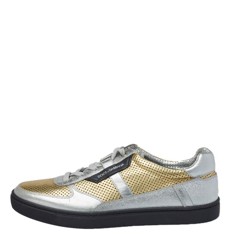 Dolce & Gabbana Metallic Gold/Silver Perforated Leather Low Top Sneakers Size 42