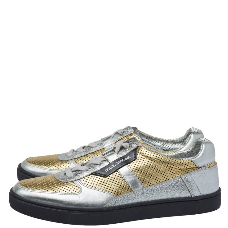 Dolce & Gabbana Metallic Gold/Silver Perforated Leather Low Top Sneakers Size 42