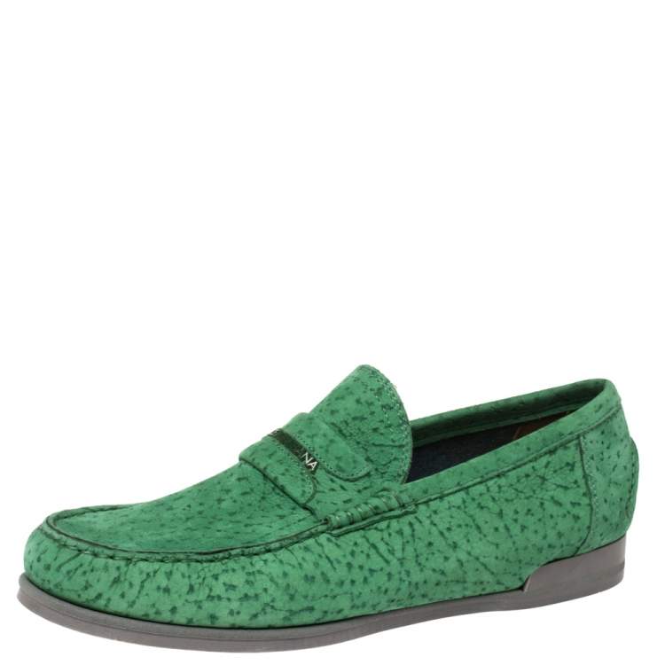 Pre Owned Dolce & Gabbana Green Textured Nubuck Genova Loafers Size 42.5