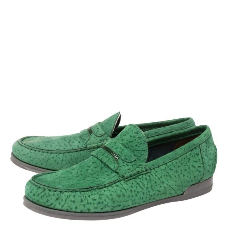Pre Owned Dolce & Gabbana Green Textured Nubuck Genova Loafers Size 42.5