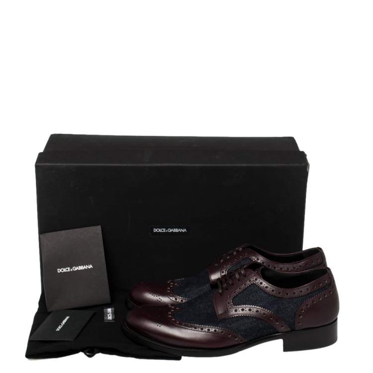 Pre Owned Dolce & Gabbana Blue/Burgundy Denim And Leather Wingtip Lace Up Oxfords Size 41