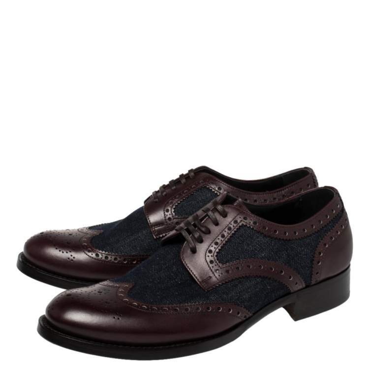 Pre Owned Dolce & Gabbana Blue/Burgundy Denim And Leather Wingtip Lace Up Oxfords Size 41